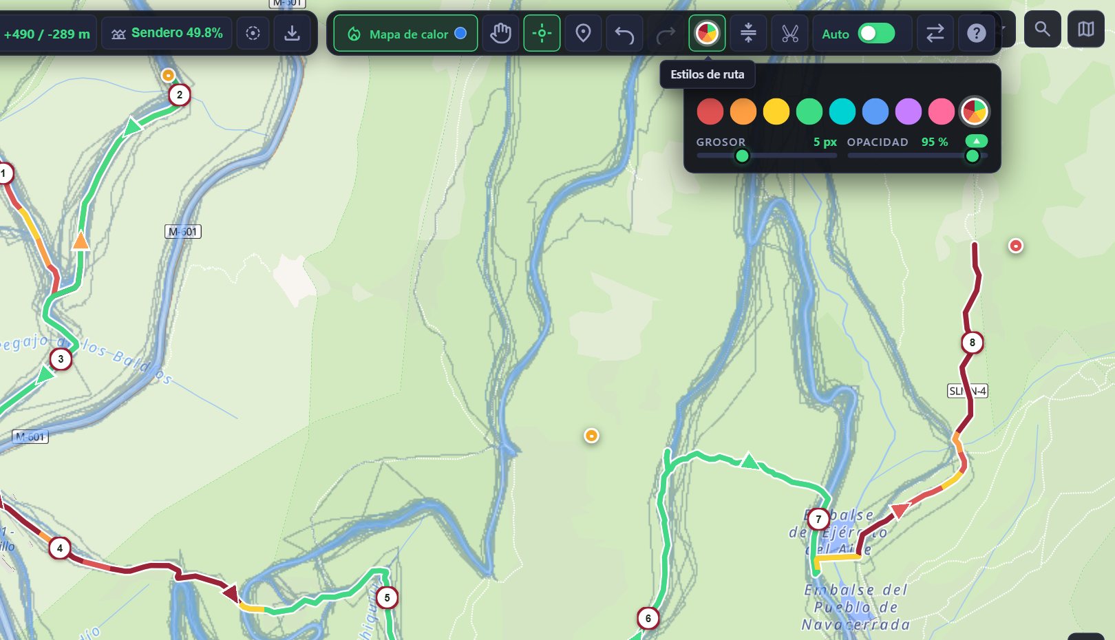 Panel de estilos de ruta con paleta de colores y modos de gradiente