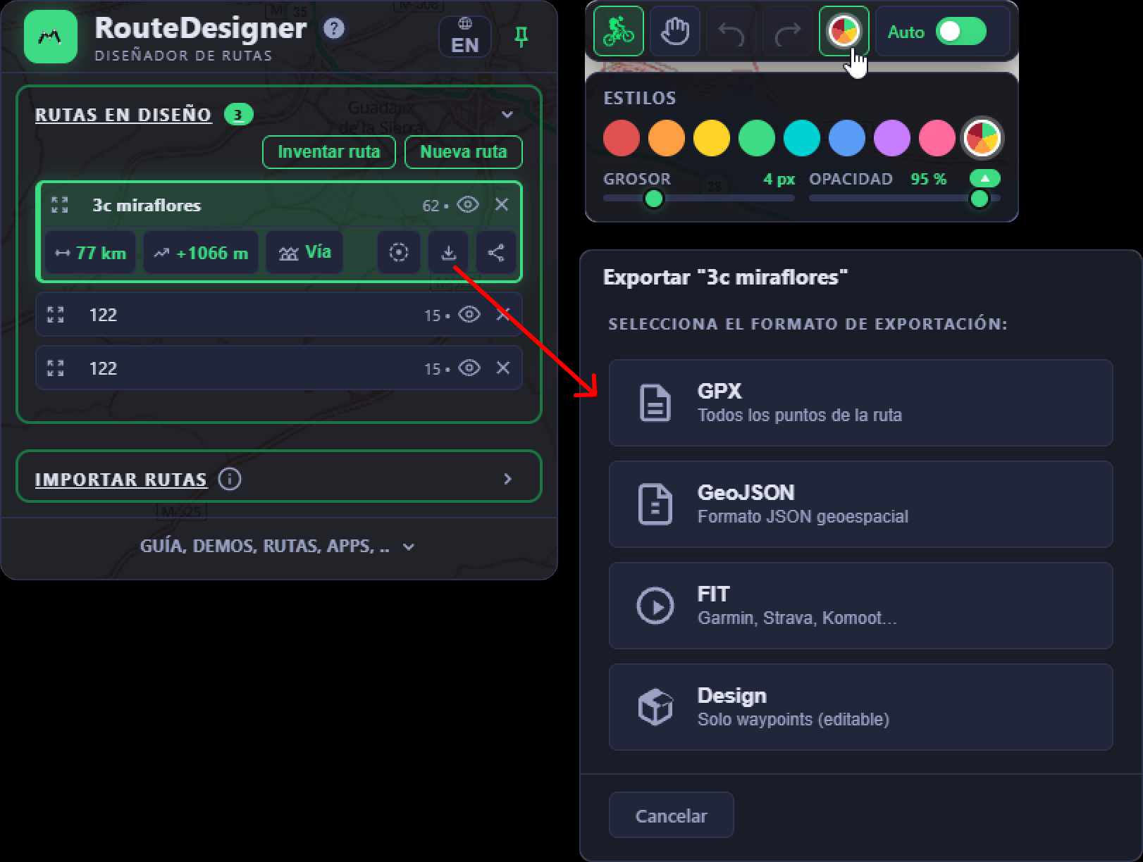 Exportar una ruta a GPX, GeoJSON, FIT o Design y panel de estilos con color, grosor y opacidad