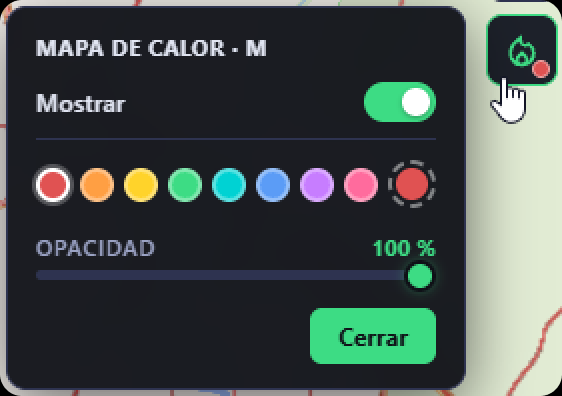 Panel del mapa de calor: interruptor, paleta de colores del trazo y opacidad