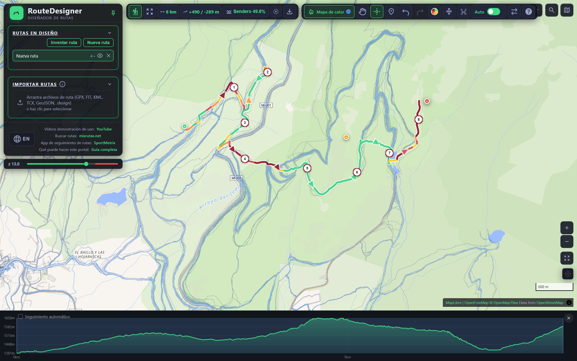 RouteDesigner: ruta coloreada por pendiente con perfil de elevación