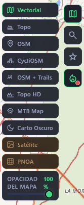 Selector de mapas base: vectorial, topográfico, OSM, CyclOSM, MTB, satélite, PNOA y opacidad regulable